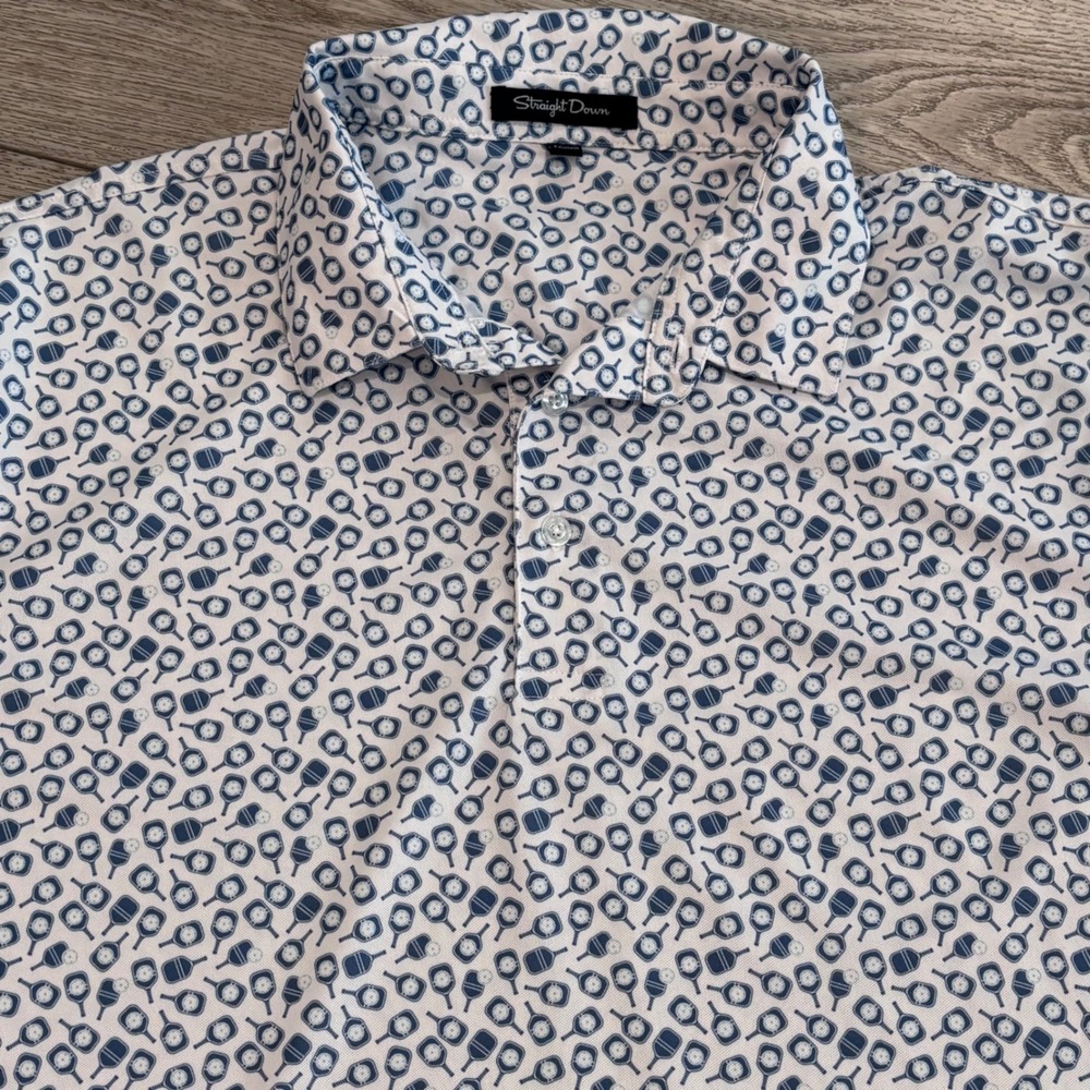 Straight Down Golf Polo Mens XL White Blue Pickleball All Over Print Performance